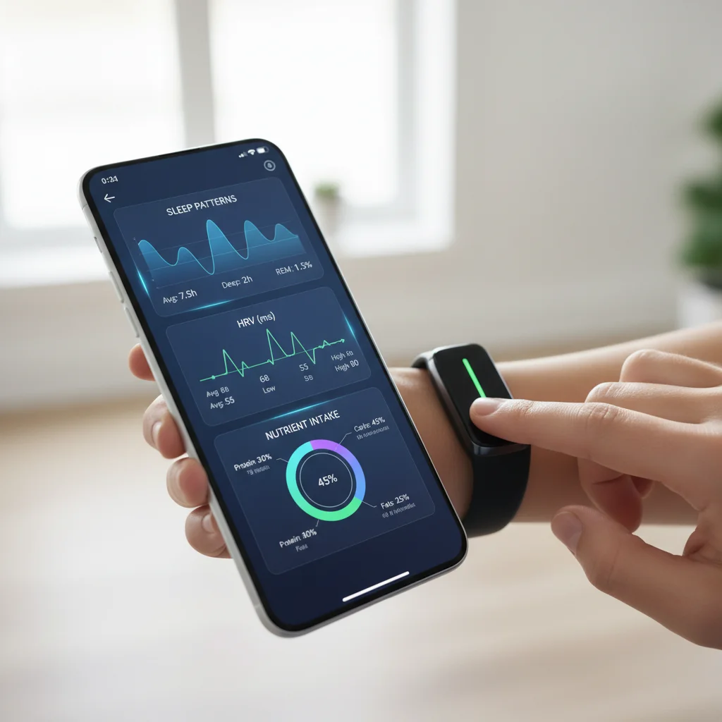 Personalized health data displayed on a smartphone with a wearable device, illustrating data-driven wellness.