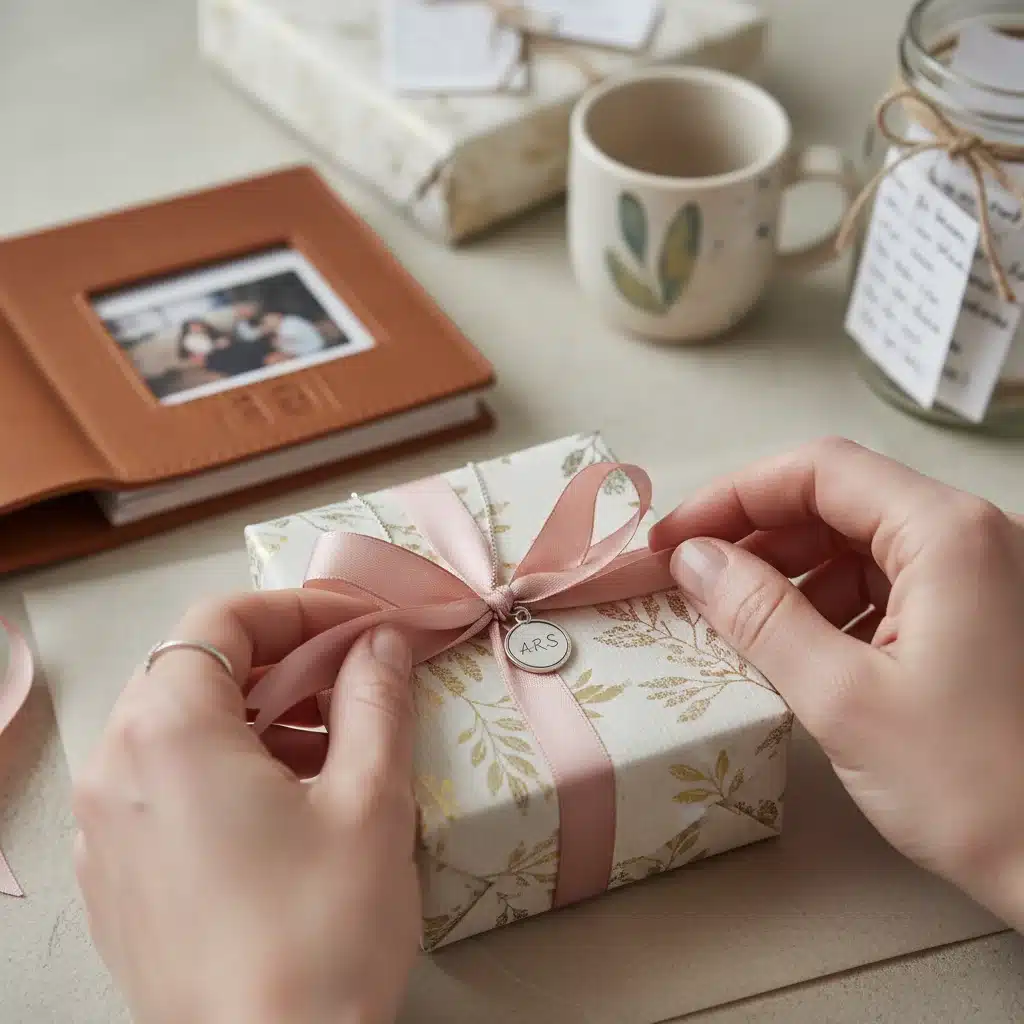 Woman wrapping a personalized Mother's Day gift
