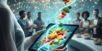 Personalized Nutrition 2026: DNA Diets Revolutionize American Eating Habits Futuristic personalized nutrition interface showing DNA and healthy food