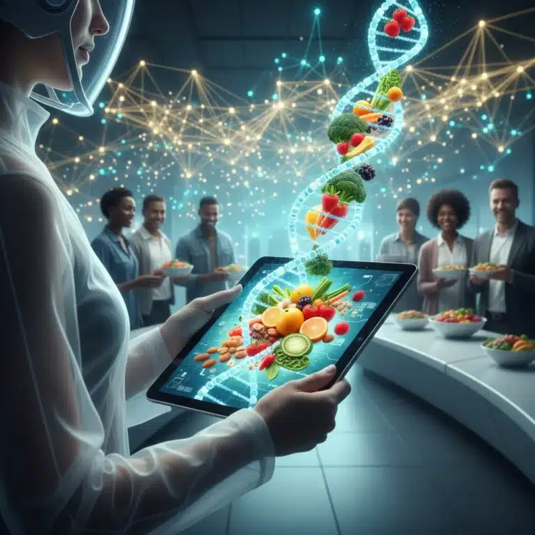 Futuristic personalized nutrition interface showing DNA and healthy food