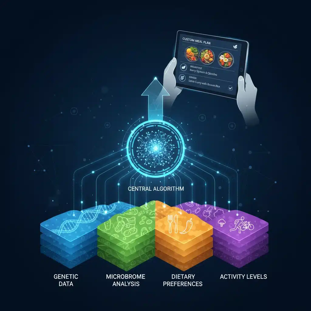 Infographic illustrating personalized nutrition with genetic and microbiome data input