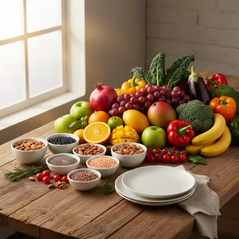 Colorful array of fresh fruits, vegetables, nuts, and seeds for plant-based eating.
