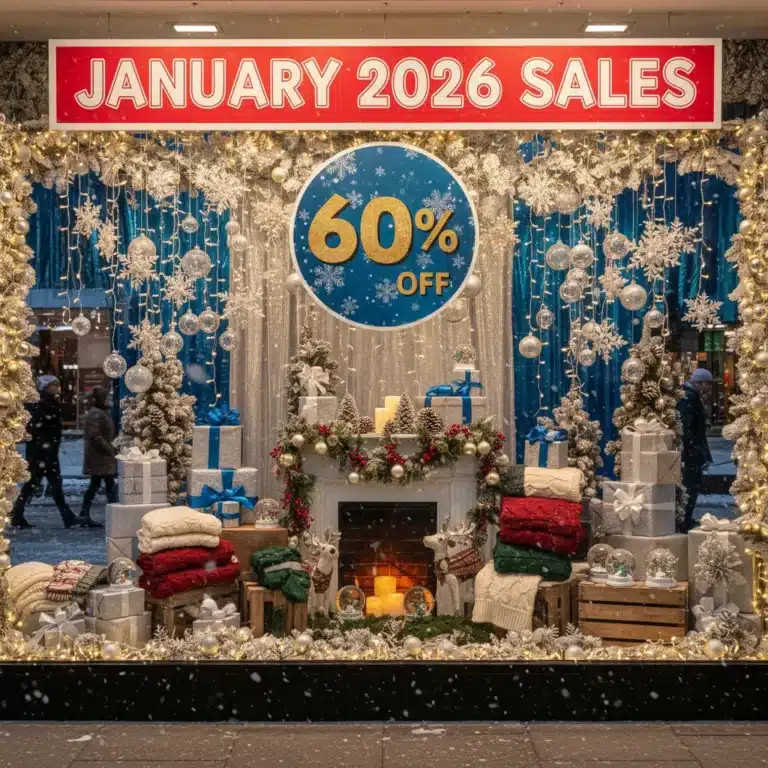 Festive seasonal decor and apparel with a '60% Off' sign for Post-Holiday Sales 2026.