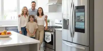 Presidents' Day Sales 2026: Top 5 Appliance Deals Offering Up to 35% Discount This February Family admiring new stainless steel kitchen appliances during Presidents Day sale