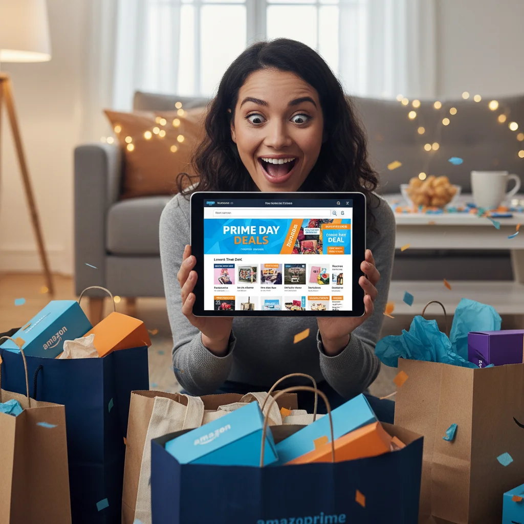 Excited shopper browsing Amazon Prime Day deals on a tablet