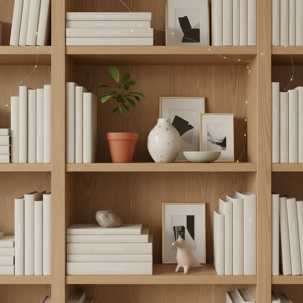 Minimalist bookshelf styling with ceramic accents and a potted plant, demonstrating quiet luxury