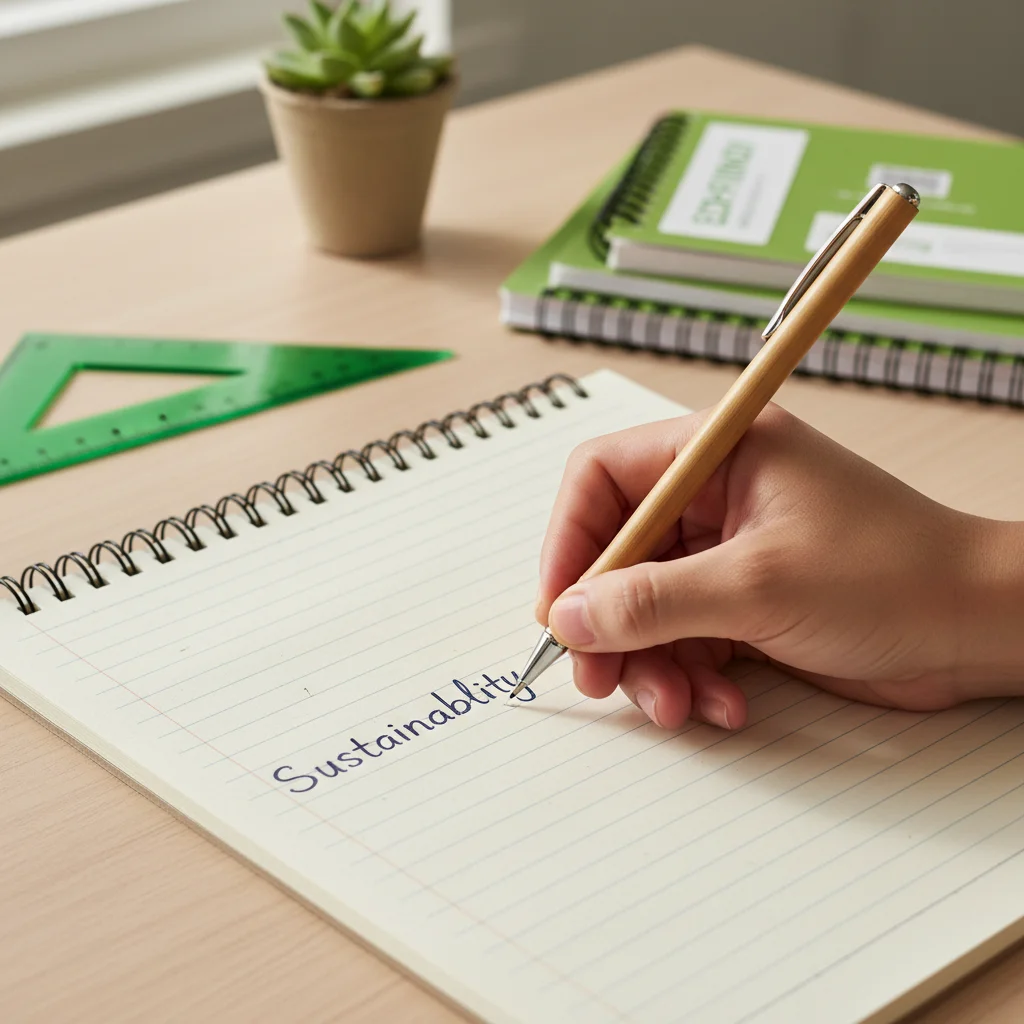 Student writing in recycled notebook with bamboo pen, showcasing practical eco-friendly school products.