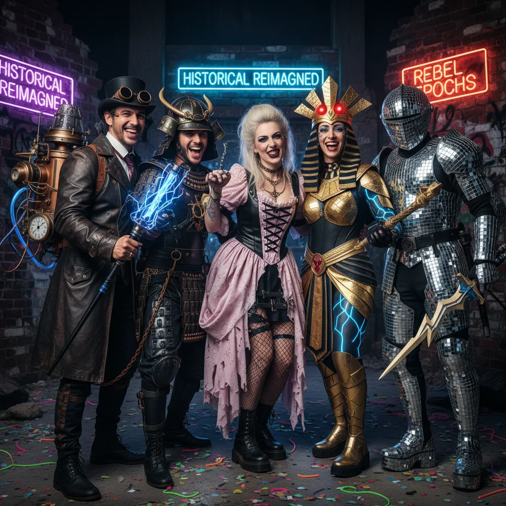Friends in reimagined historical costumes with modern twists, celebrating Halloween