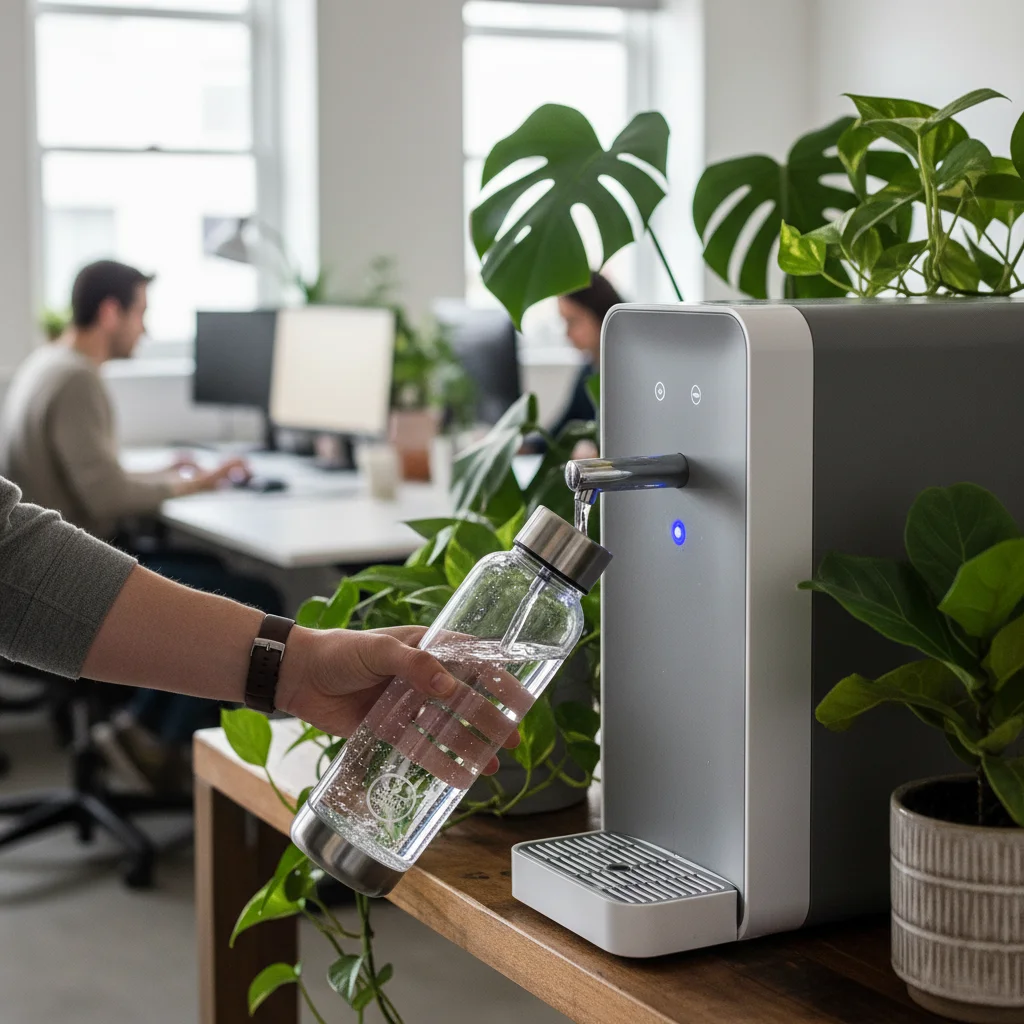 Person filling reusable water bottle at office water dispenser
