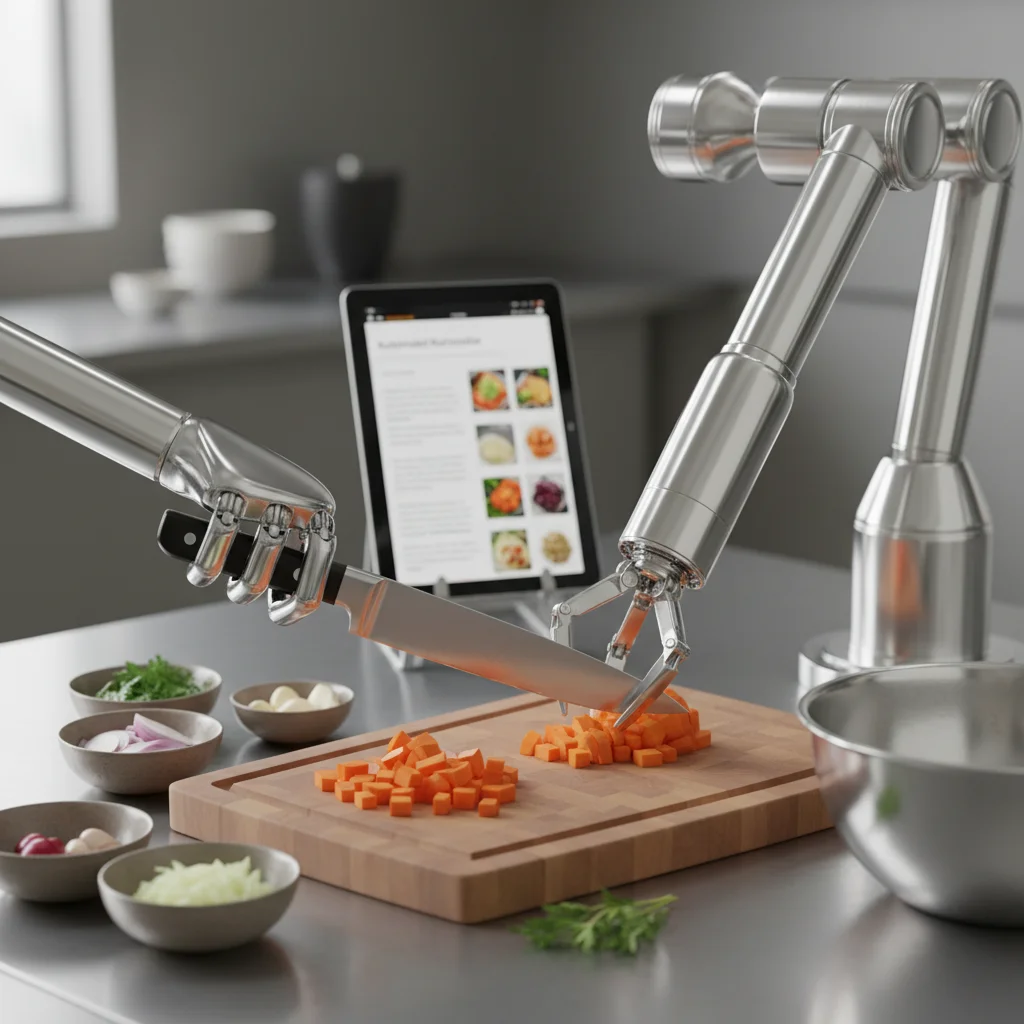 Robotic chef's arm precisely dicing vegetables in a modern kitchen
