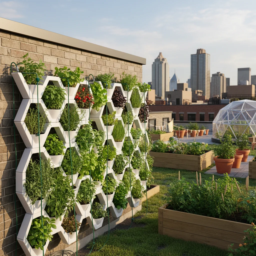 Vertical gardening wall on a city rooftop with various herbs and vegetables, drip irrigation