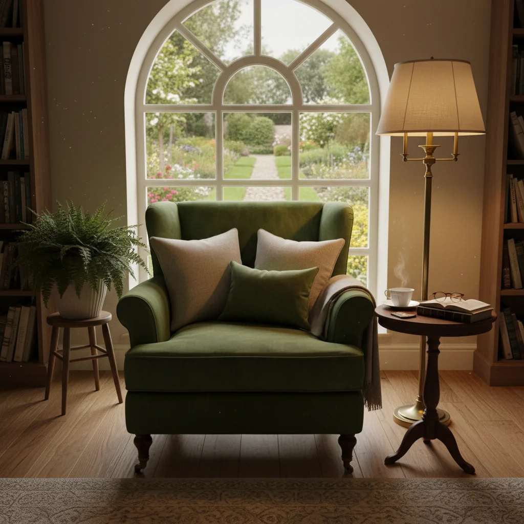 Serene reading nook with plush armchair and garden view