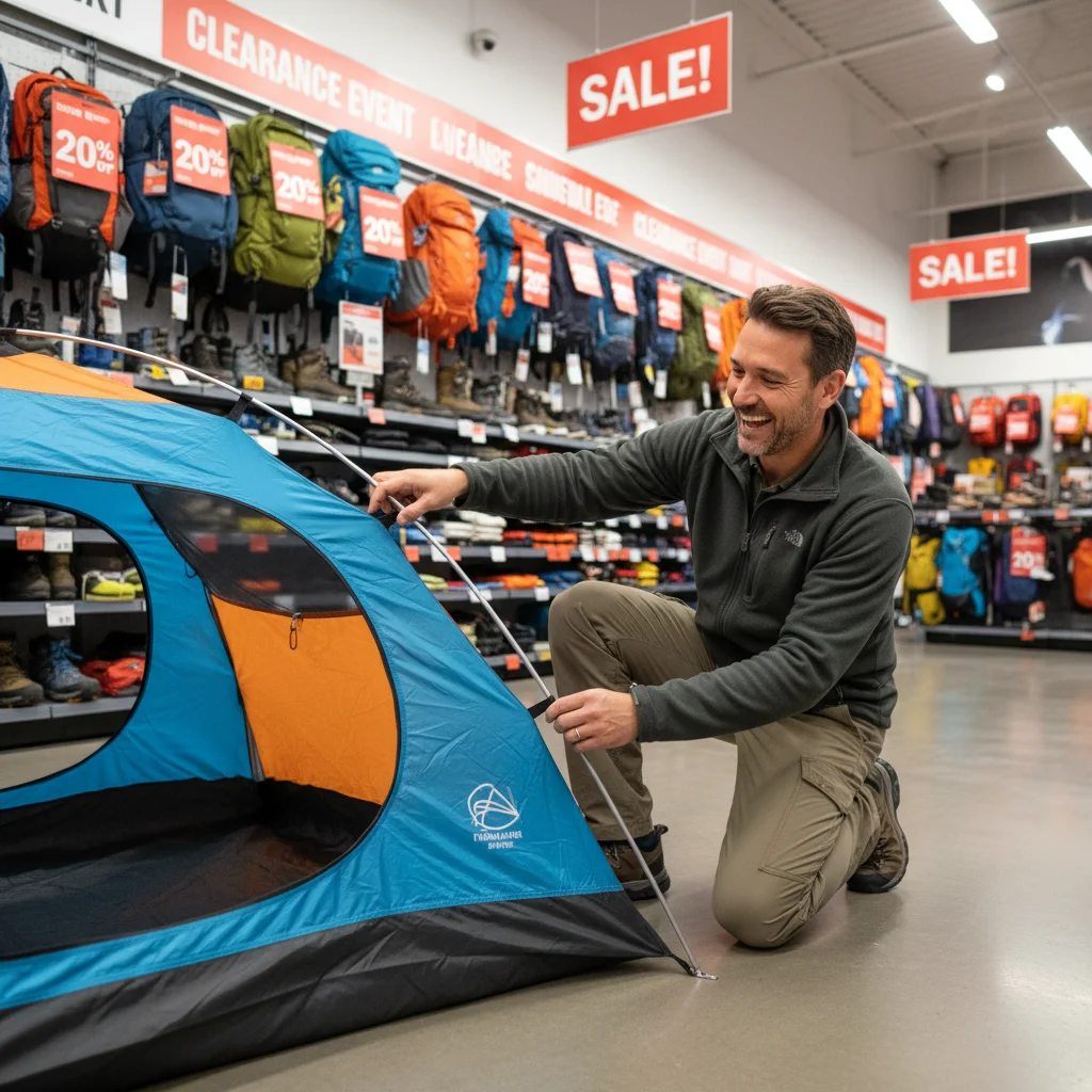 Happy shopper inspecting a discounted camping tent during an early access sale