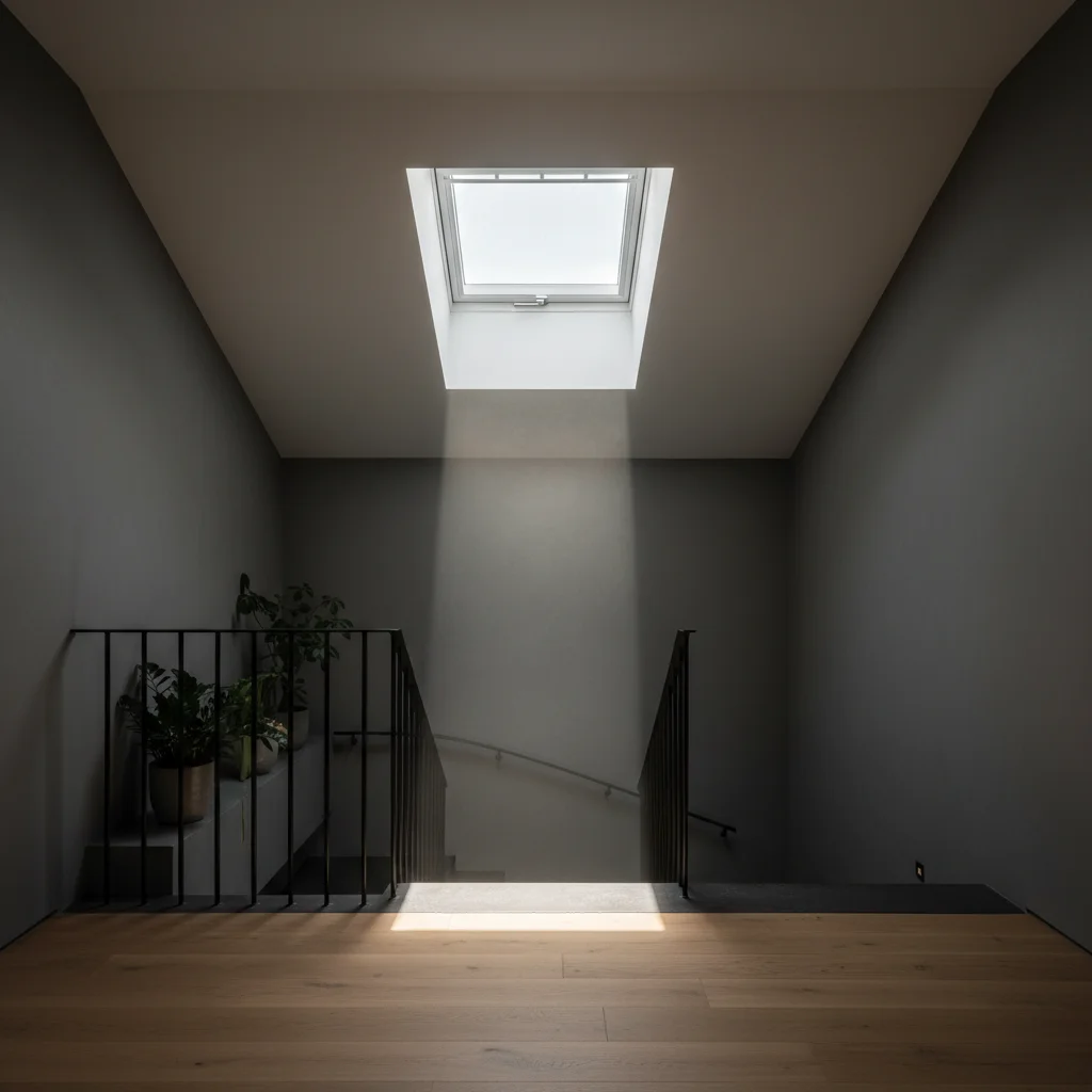 Modern skylight illuminating a dark hallway with natural light