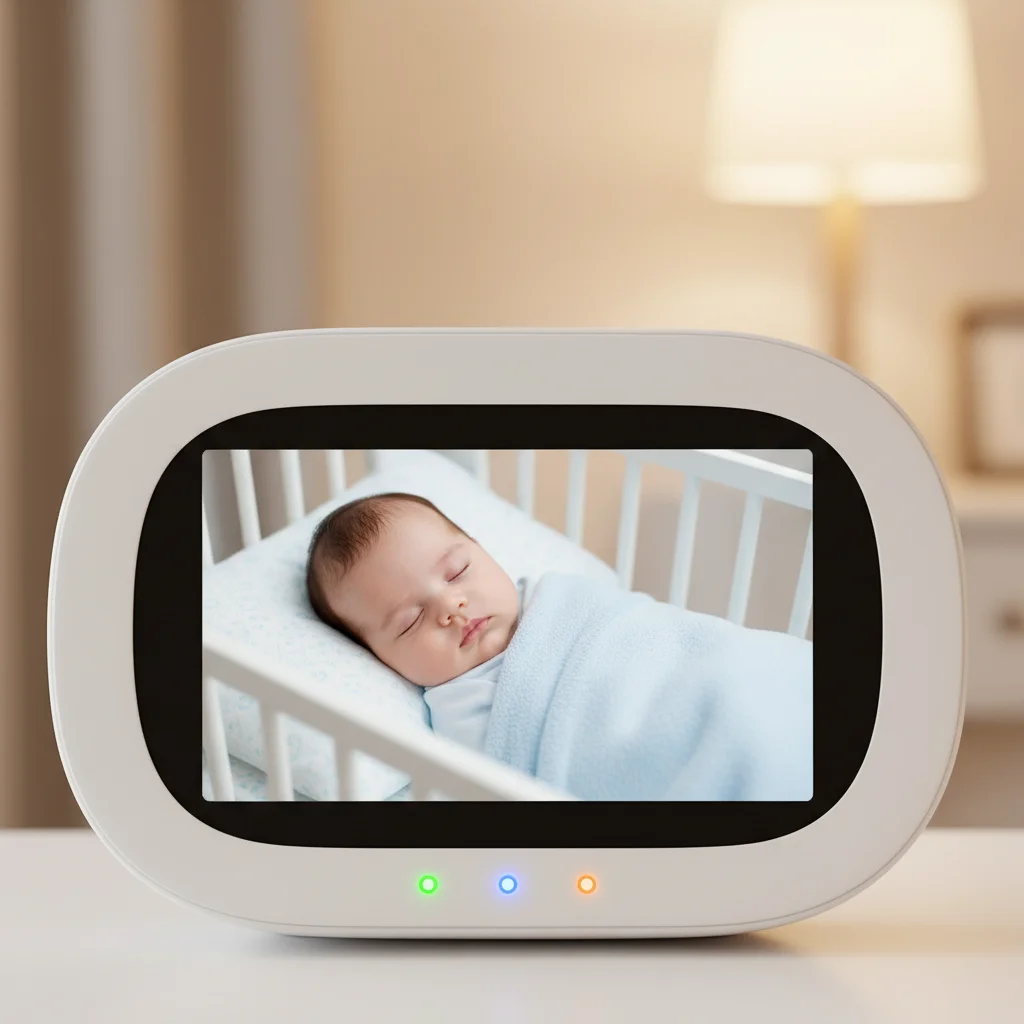 High-definition display of a smart baby monitor showing a sleeping infant