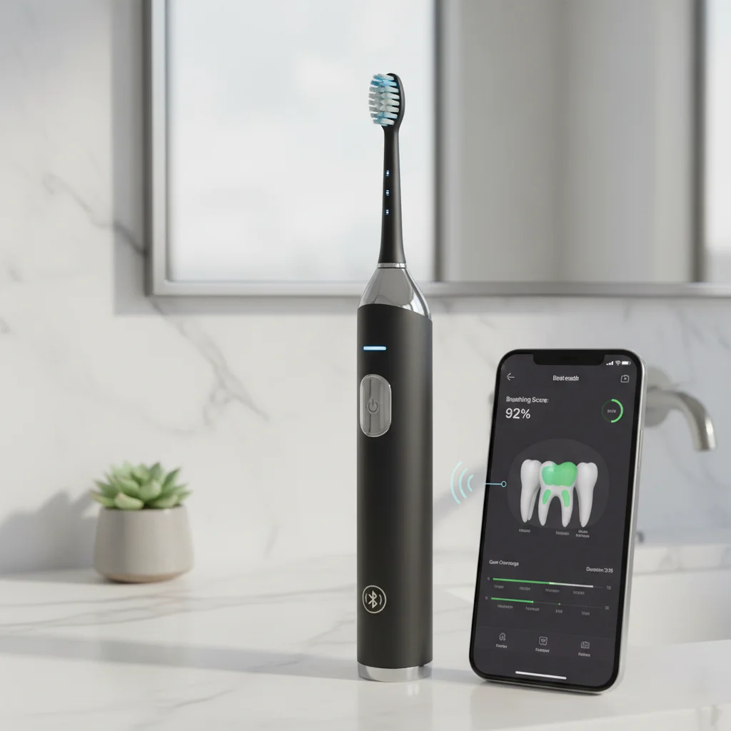 Smart electric toothbrush connected to a mobile app, demonstrating advanced oral hygiene tracking.