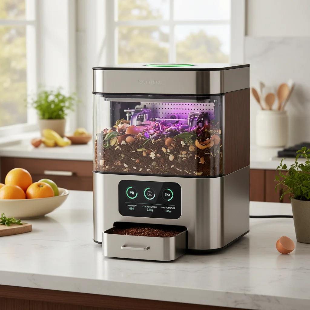 Compact smart food waste composter on a modern kitchen counter