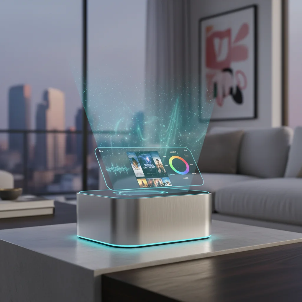 Sleek smart home hub with holographic interface controlling entertainment systems.