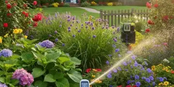Smart Gardening Solutions: Automated Products Save 30% Water in US Gardens Smart irrigation system watering a lush garden in a US home, demonstrating water efficiency.