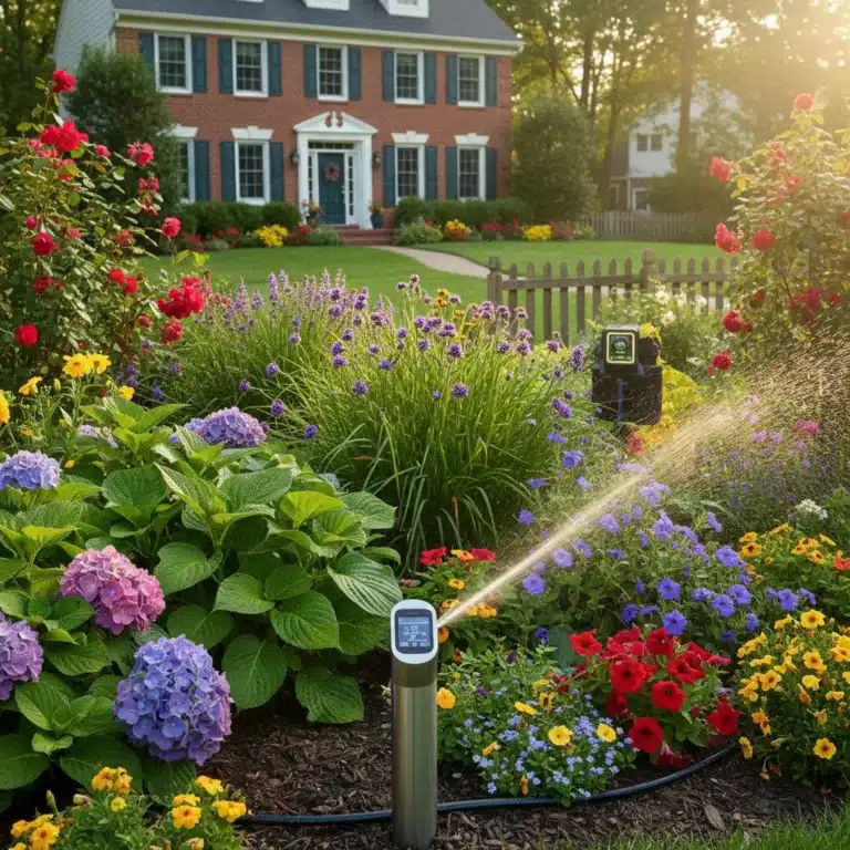 Smart irrigation system watering a lush garden in a US home, demonstrating water efficiency.