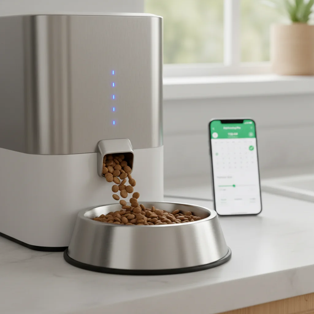 Smart automatic pet feeder with smartphone control for scheduled feeding and portion management.