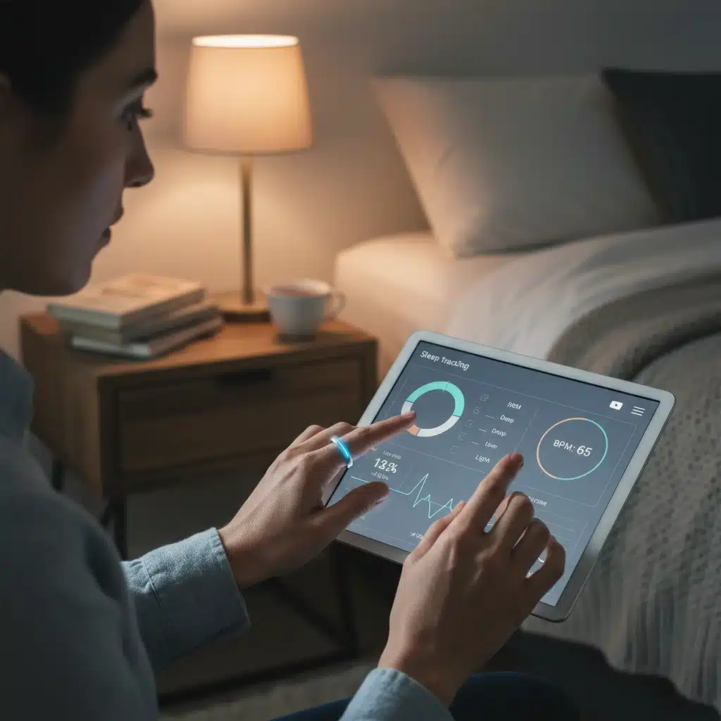 Smart ring on finger tracking sleep and heart rate on tablet