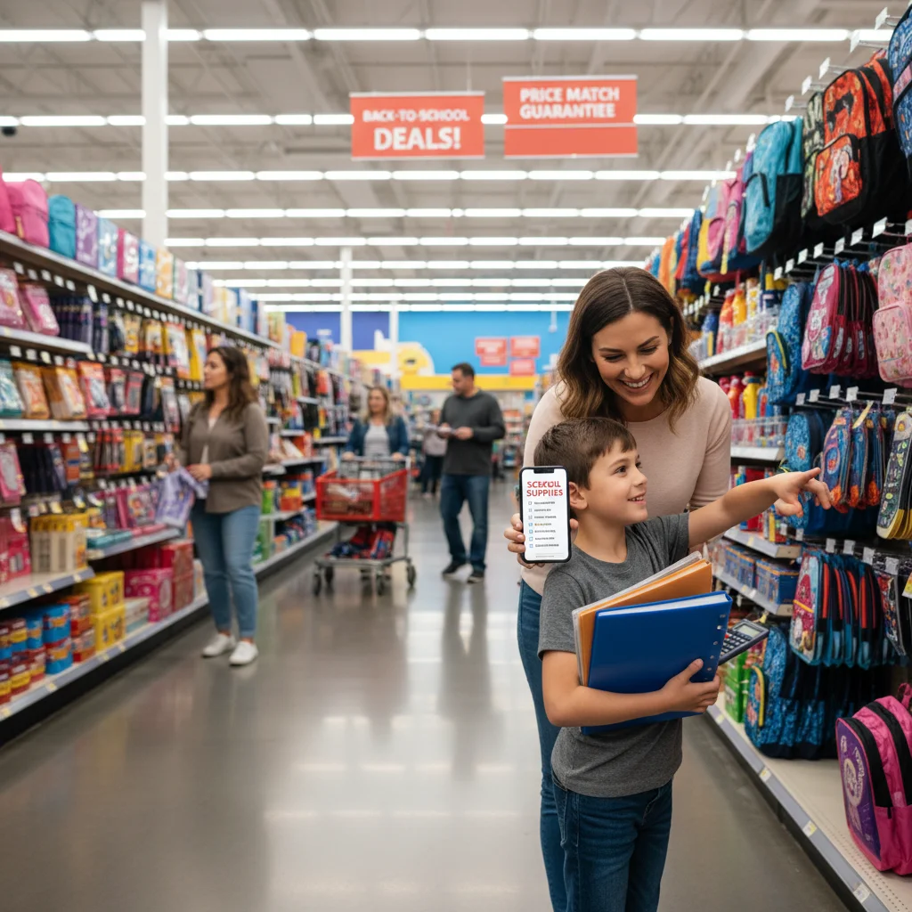 Parent and child comparing prices on school supplies in a store aisle with a shopping list app