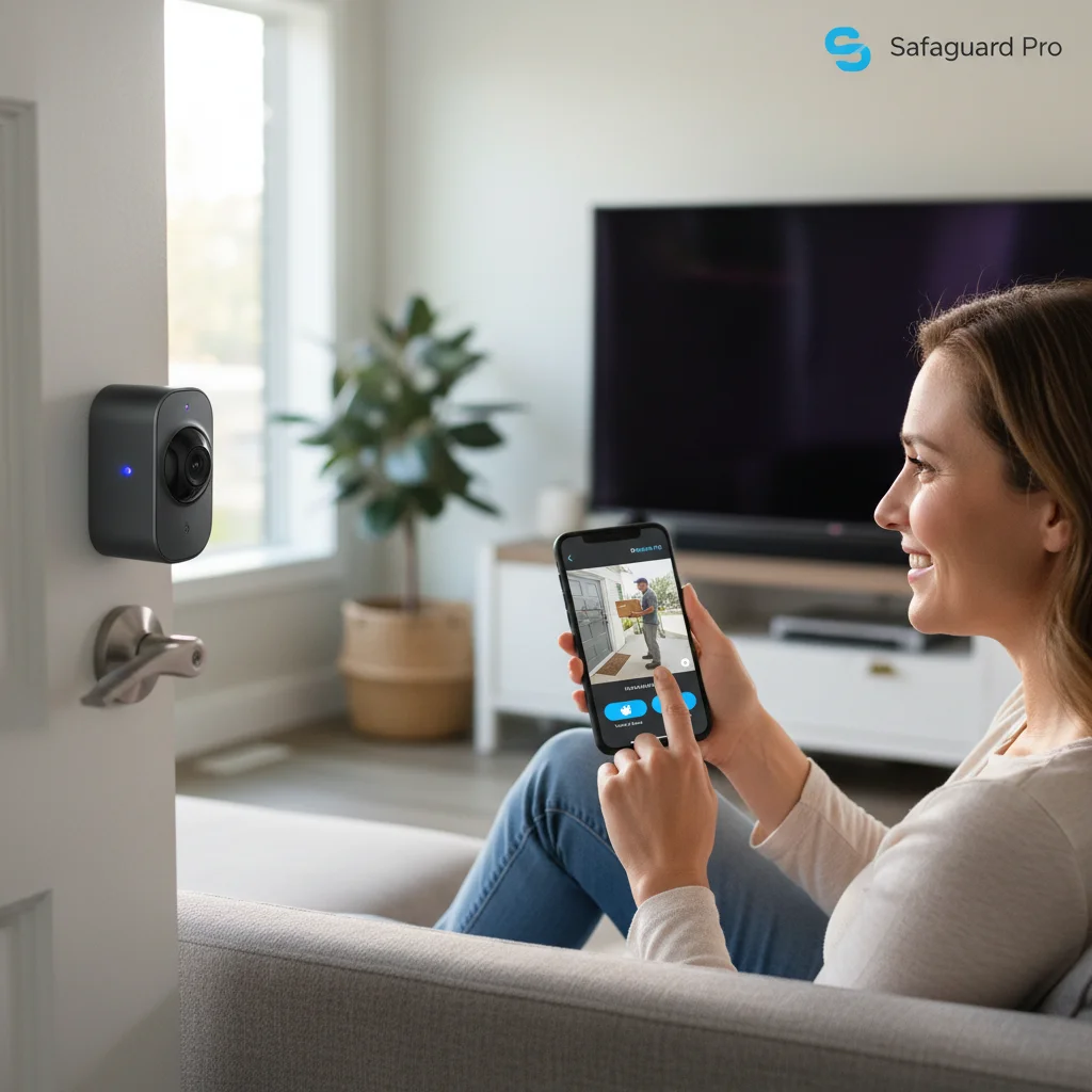 Homeowner monitoring smart security camera on smartphone
