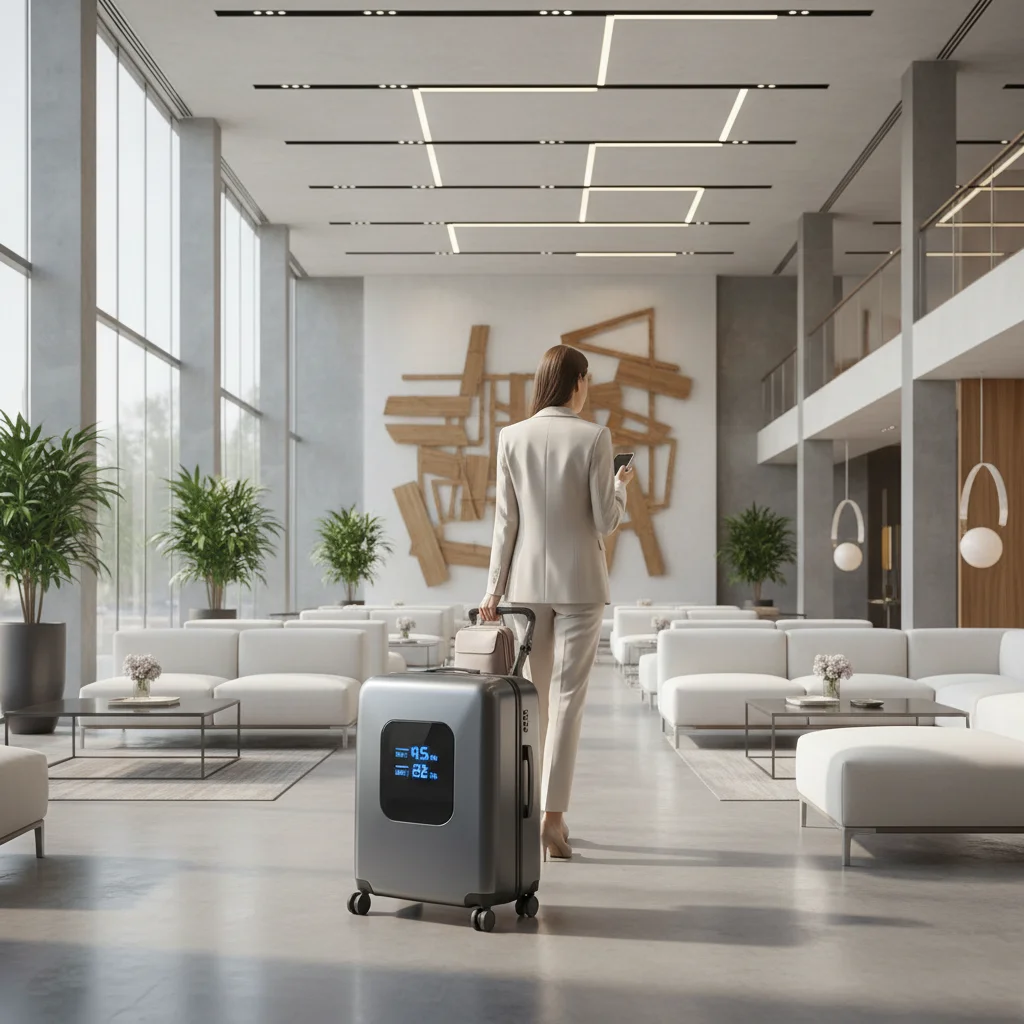 Smart suitcase autonomously following a traveler in a modern hotel lobby.