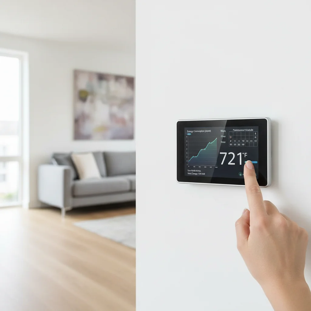 Smart thermostat displaying energy data and schedule