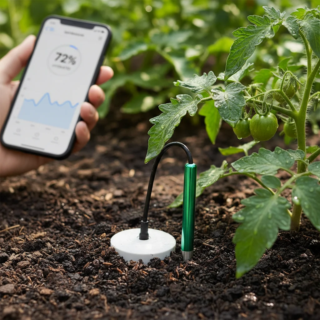 Close-up of a soil moisture sensor providing real-time data for smart watering.
