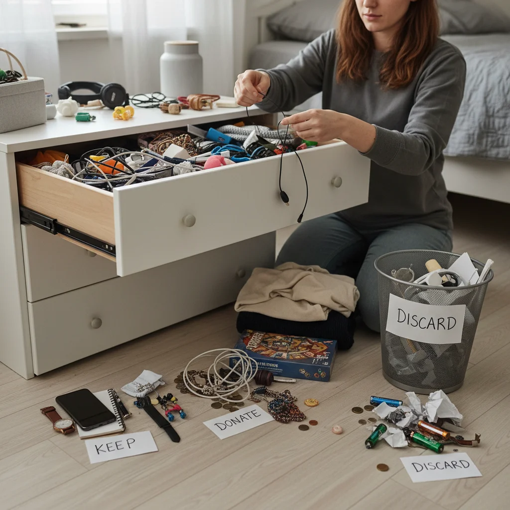 Person meticulously sorting through a cluttered drawer during decluttering process.