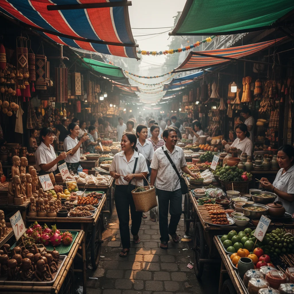 Vibrant street market in Southeast Asia, showcasing local culture and affordable goods.