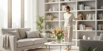 Spring Cleaning 2026: Declutter Your Home in Just 5 Hours Woman happily organizing a bright, clean living room during spring cleaning 2026.