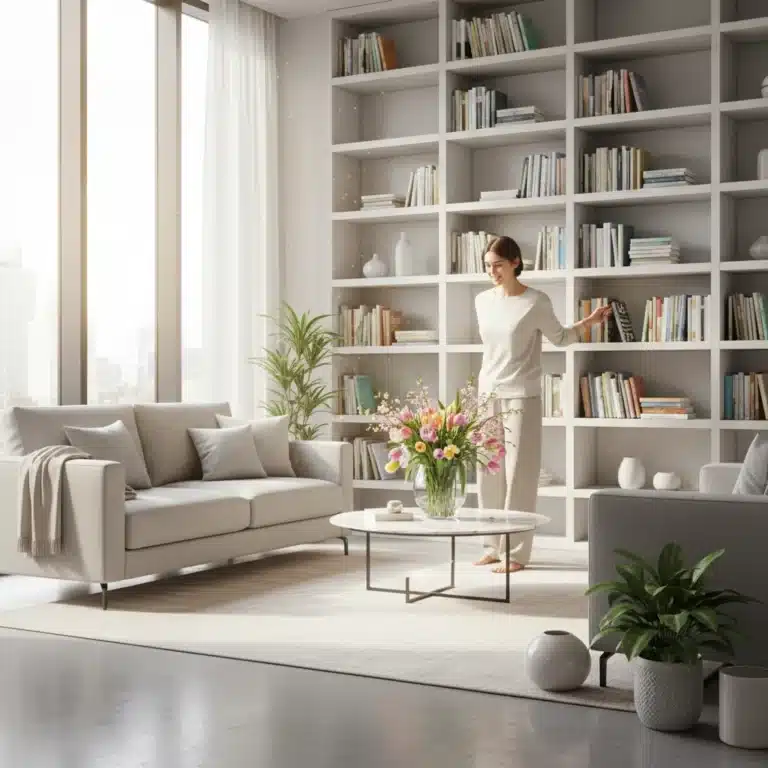 Woman happily organizing a bright, clean living room during spring cleaning 2026.