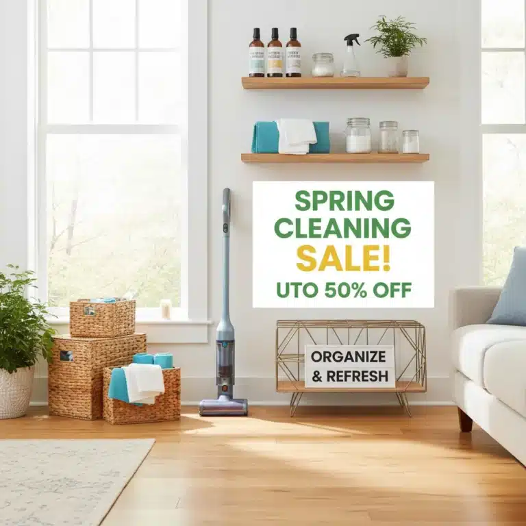 Spring cleaning tools and organizers neatly arranged in a sunny living room.