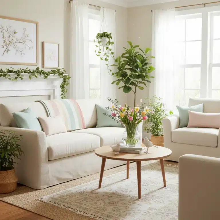 Light-filled living room with pastel accents and fresh flowers for spring decor