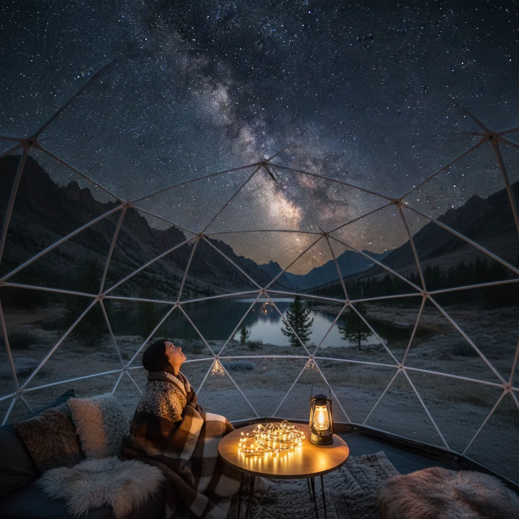 Stargazing from a luxurious transparent dome tent in a remote natural setting, offering a unique and immersive experience.
