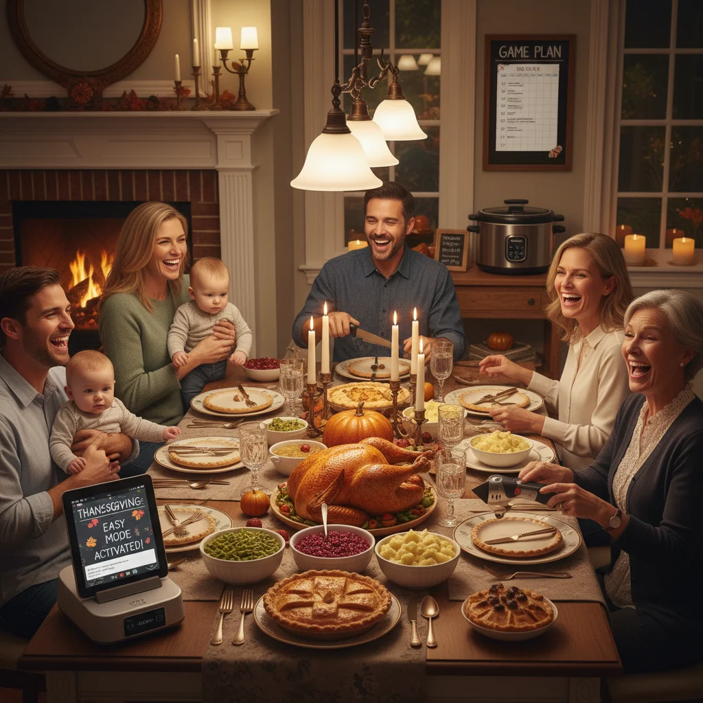 Happy family enjoying a stress-free Thanksgiving dinner together.