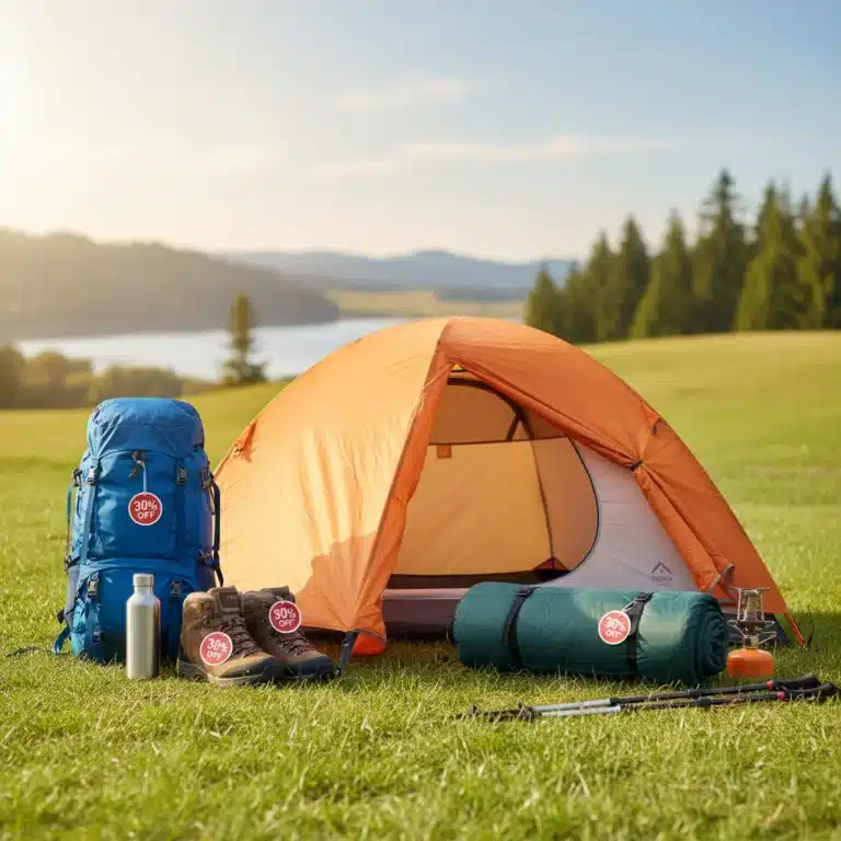 Collection of premium outdoor gear on grass, signifying summer clearance savings