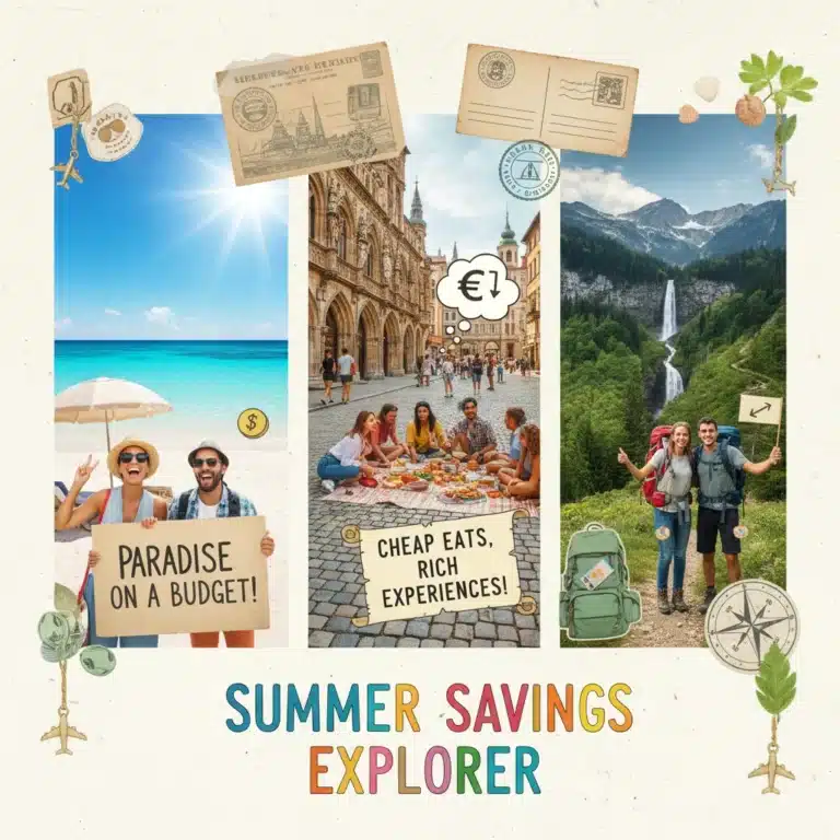 Collage of diverse budget-friendly summer travel destinations for 2026, including beaches, cities, and mountains.