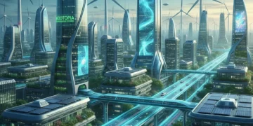Futuristic cityscape powered by sustainable green technology in the US
