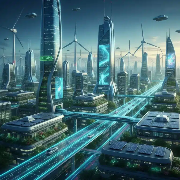 Futuristic cityscape powered by sustainable green technology in the US