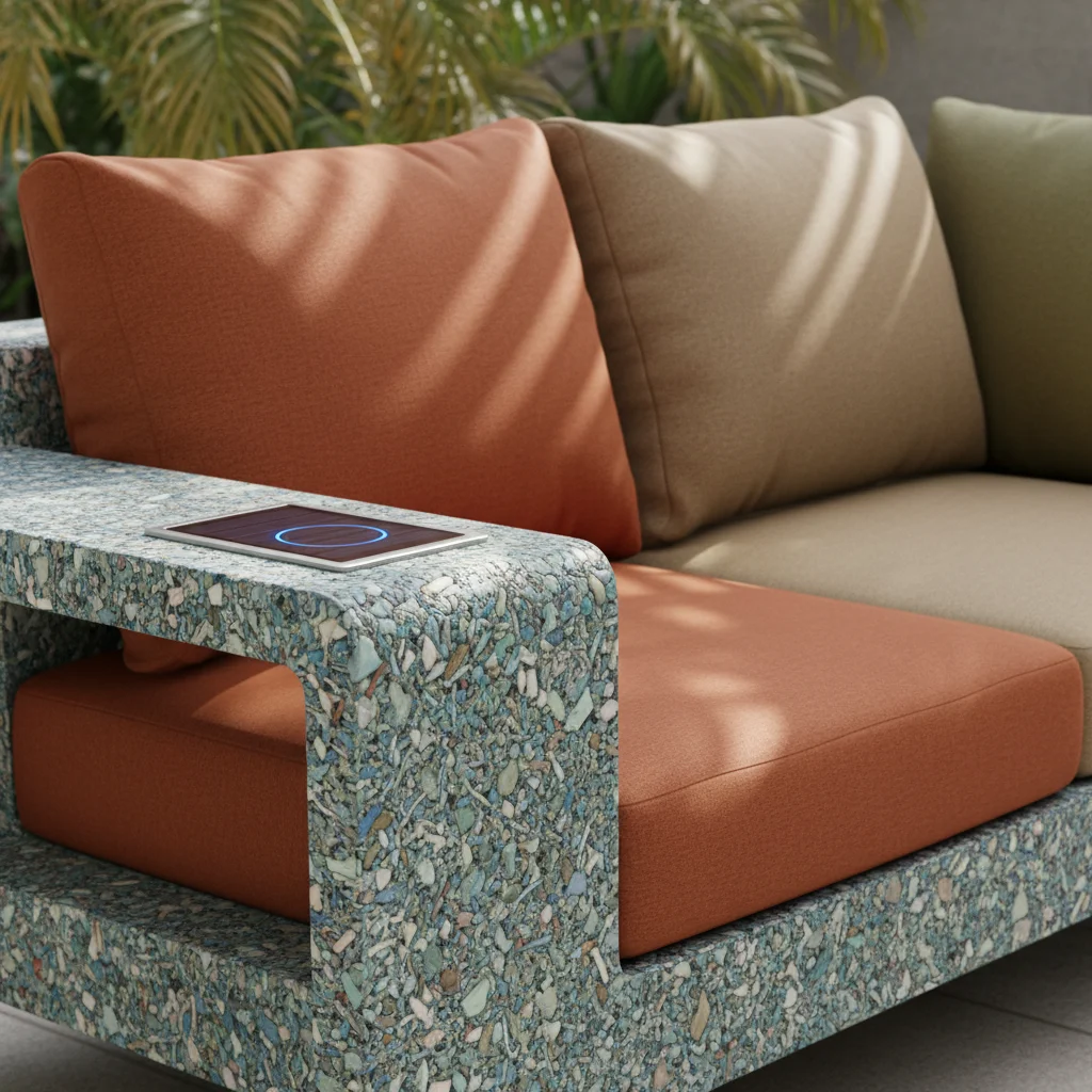 Sustainable outdoor sofa with recycled materials and integrated solar charging