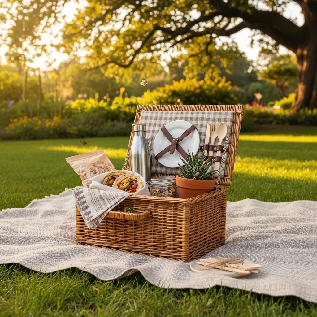 Sustainable picnic basket with local organic treats, symbolizing an eco-friendly Valentine's Day experience.