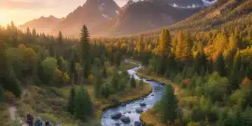 Sunrise over a pristine US national park with hikers, symbolizing sustainable travel.