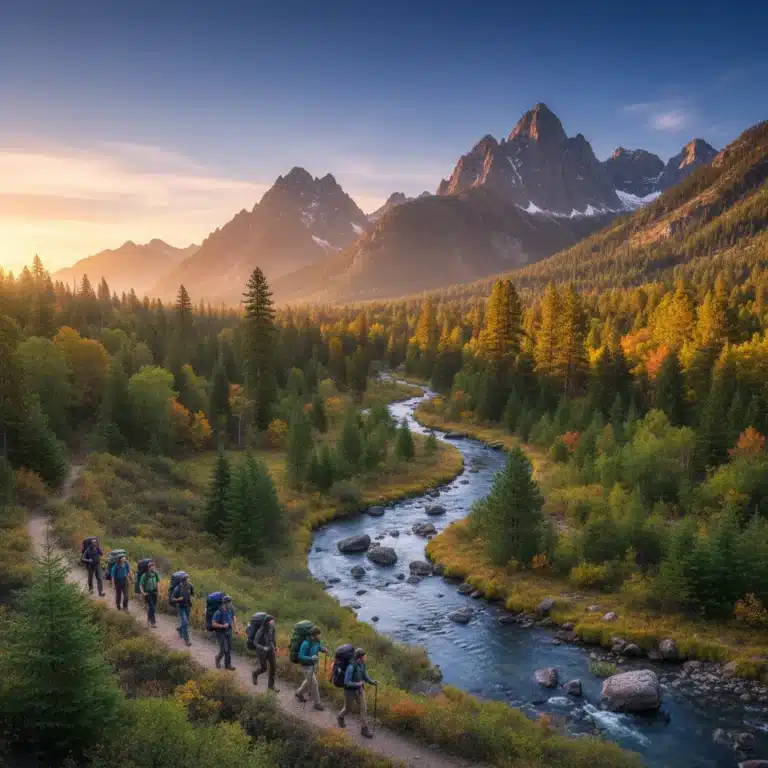 Sunrise over a pristine US national park with hikers, symbolizing sustainable travel.