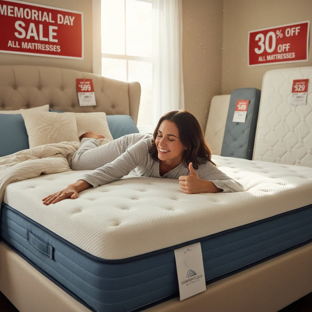 Happy customer testing a new memory foam mattress with '30% Off' tags during Memorial Day sales