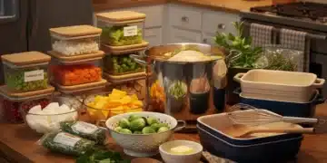 Organized kitchen counter with Thanksgiving ingredients prepped, ready for cooking.