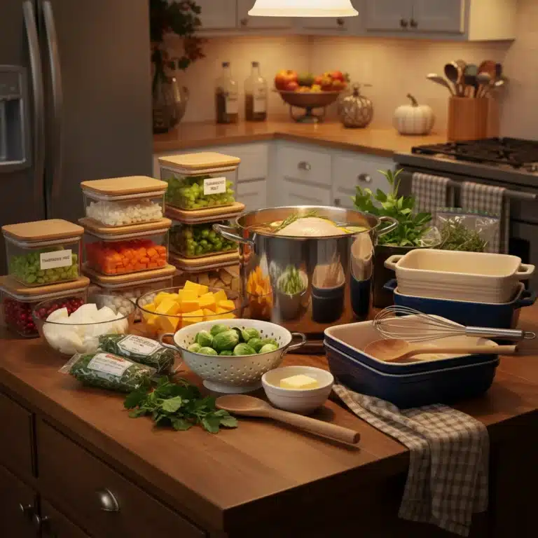Organized kitchen counter with Thanksgiving ingredients prepped, ready for cooking.